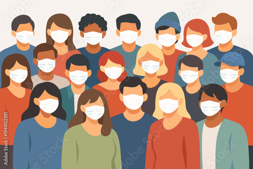 Vector Illustration of a Diverse Crowd of People Wearing White Protective Respiratory Face Masks for Health Safety and Virus Prevention During a Pandemic or Flu Season in a Flat Design Style