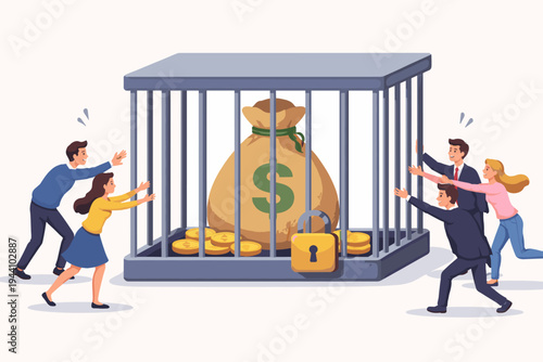 Flat vector illustration of a sack of money and gold coins locked in a cage with a padlock, as people reach for it, symbolizing financial restrictions, frozen assets, or greed for wealth.