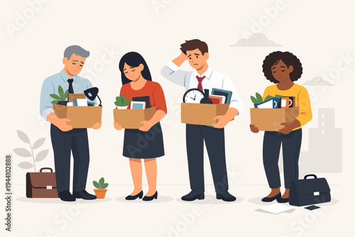 Sad Group of Diverse Employees Fired from Job Carrying Personal Belongings in Cardboard Boxes After Layoff, Flat Vector Illustration of Unemployment, Economic Crisis, and Career Setback