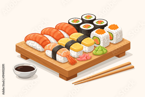Isometric Vector Illustration of a Traditional Japanese Sushi Set on a Wooden Tray Featuring Salmon Nigiri, Shrimp, Tamago, Maki Rolls, California Rolls, Wasabi, Ginger, Soy Sauce, and Chopsticks