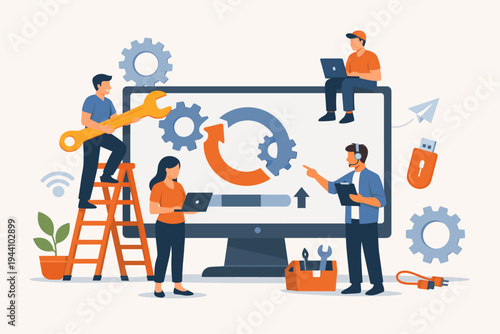 Flat Vector Illustration of a Technical Support Team Updating Computer Software and System Maintenance. IT Professionals Fixing Hardware, Installing Upgrades, and Managing Network Services.