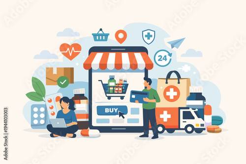 Online Pharmacy and Digital Healthcare Concept Illustration with People Buying Medicine via Smartphone App, Featuring Medical Supplies, Delivery Truck, Pills, Capsules, and 24/7 Service Icons.