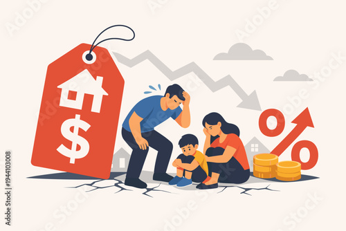 Sad Family Struggling with High Mortgage Costs and Rising Interest Rates Illustration; Depicting Financial Crisis, Housing Market Inflation, Debt, and Economic Stress in Simple Flat Vector Style