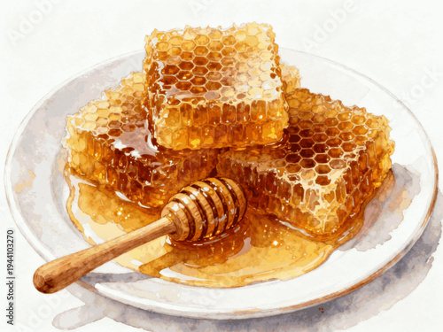Sweet Honey Honeycomb on White Plate isolated watercolor vector illustration svg
