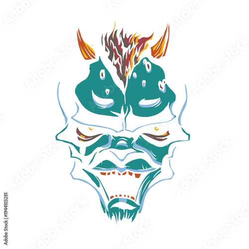 Japanese Oni Demon Mask Vector Illustration – Traditional Samurai Devil Mask