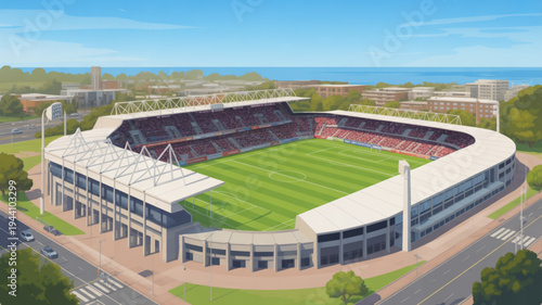 Modern stadium with green field and red seats near city waterfront under blue sky