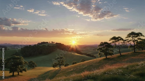 Sunrise over rolling green hills with trees and open landscape