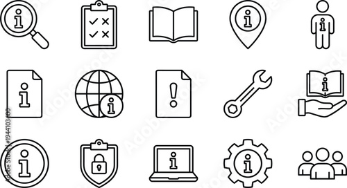 Information Center and Help Desk Icon Set Featuring Technical Support, Global Data, User Manuals, Customer Service, Security Protection, Search Discovery, And Business Management Outline Graphics.