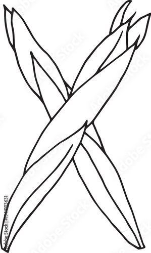 eps Doodle style letter X drawn with tea leaves. Hand drawn black line art, simple sketch, raw tea leaves arranged in shape of X, organic texture, white background