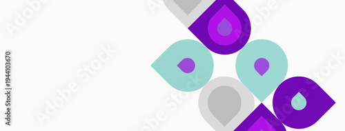 Abstract design features repeating droplet shapes. Purple, teal, gray colors dominate white background. Minimalist, modern aesthetic.