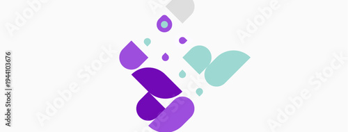 Abstract shapes, purple hues, light background. Minimalist design, modern aesthetic, simple composition. Bubbles, curves, overlapping forms present.