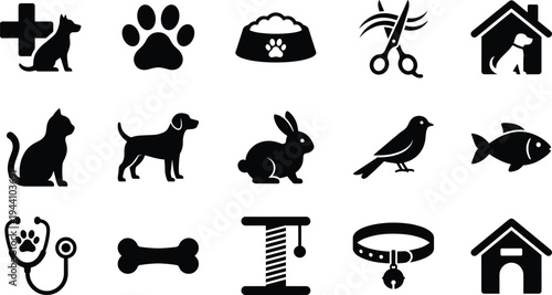 Black And White Vector Silhouette Icon Set For Pet Care Featuring Veterinary Medical Symbols Domestic Animals Grooming Tools Food Bowl And Home Accessories For Shops