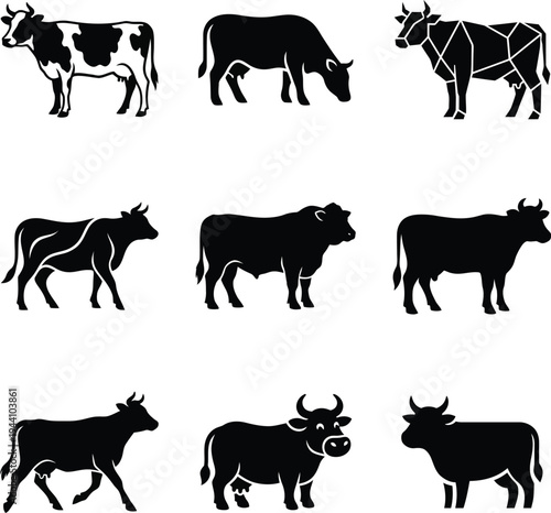 Cow and Bull Icon Set Black and White Livestock Silhouette Vector Graphics for Dairy and Farming
