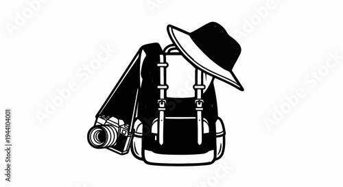 A backpack with a hat and camera ready for an adventure