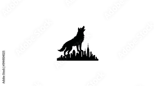 Howling wolf silhouette standing on city skyline. Urban wildlife symbol, wild spirit in concrete jungle vector graphic illustration.