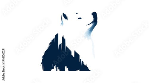 Abstract wolf silhouette with integrated city skyline and forest elements, minimalist nature and urban graphic design
