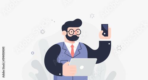 A bearded man in glasses and a suit holds a laptop and phone