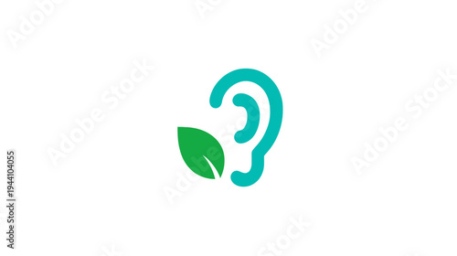 Minimalist ear icon with green leaf, symbolizing natural hearing, sound, wellness, and eco-friendly audio