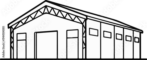 A black and white drawing of a large industrial building with a gabled roof and multiple windows