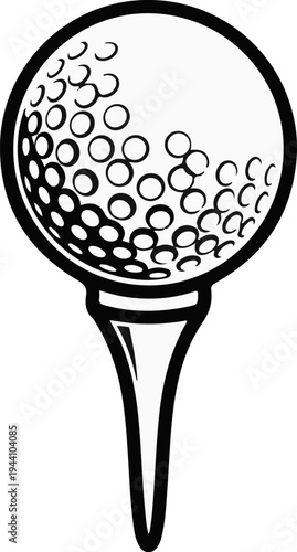 A black and white drawing of a golf ball resting on a tee