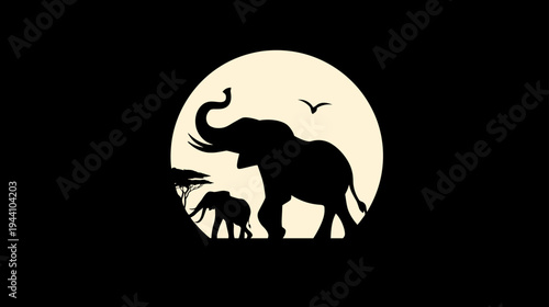Iconic elephant family silhouette, mother and calf, walking under a full moon or sun, savanna landscape illustration
