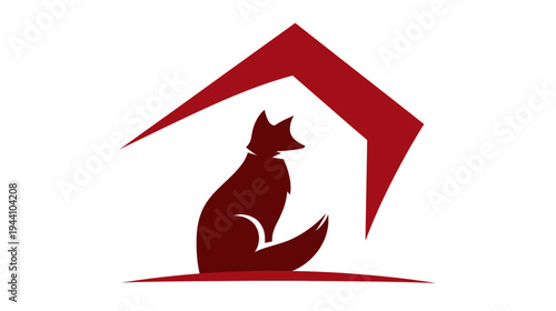 Stylized red fox silhouette sitting under a modern geometric roof shape icon. Abstract animal illustration for design.