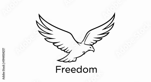 A black and white illustration of a bird with outstretched wings, and the word "Freedom" below