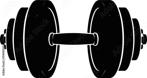 A black and white illustration of a barbell with stacked plates on each end