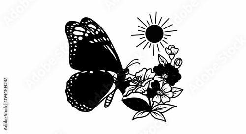 A black and white illustration of a butterfly amidst flowers under a stylized sun