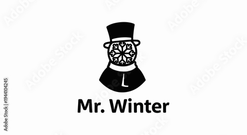 A black and white illustration of a figure with a snowflake for a face, wearing a hat