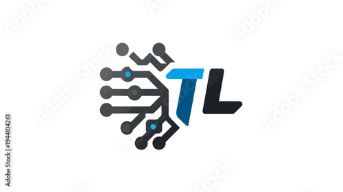 Abstract TL Initial Tech Logo Design with Digital Circuitry, Network Connections, and Data Flow Concept