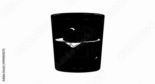 A black and white illustration of a glass filled with ice cubes and a dark beverage