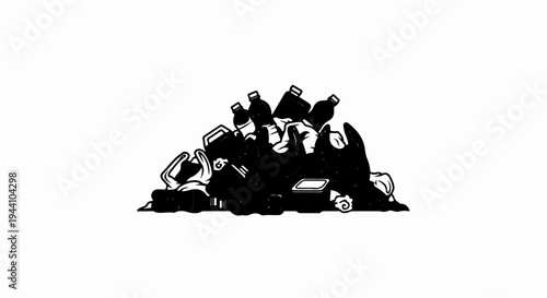 A black and white illustration of a pile of plastic waste