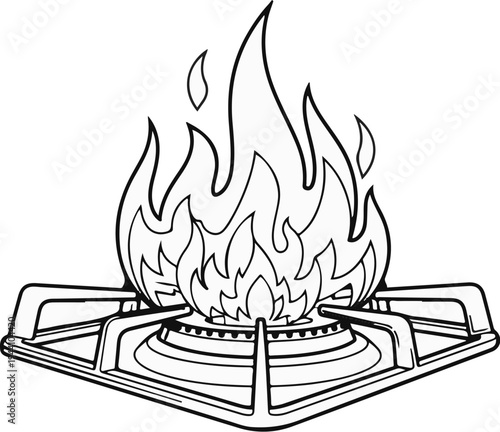 A black and white line drawing of a gas stove burner with flames