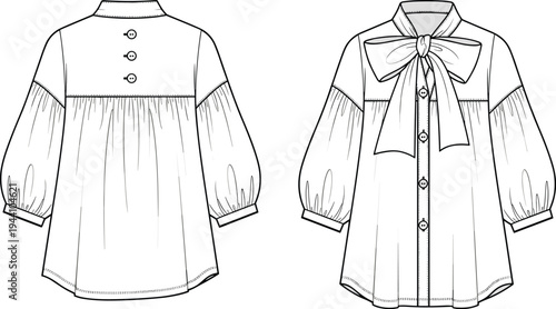 Fashion technical sketch of a long sleeve pussy bow blouse with gathered details and button front cad drawing flat vector illustration