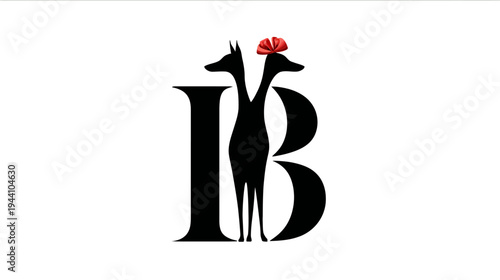 Stylish graphic design with intertwined black silhouette letters and two symmetrical stylized animal figures, red accent.