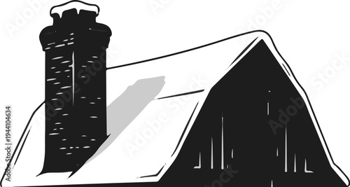A black and white sketch of a snow-covered roof with a chimney