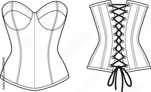 Women's corset top technical flat fashion sketch vector illustration, lace up back detail, sweetheart neckline bodice, cad drawing flat vector illustration.