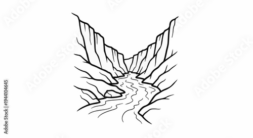 A black and white sketch of a winding river flowing through a deep canyon