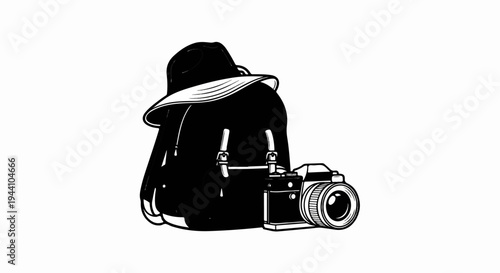 A black backpack with a hat on top and a camera beside it