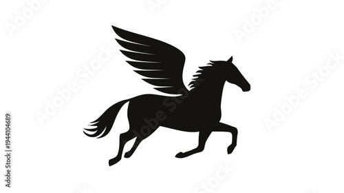 Black silhouette of a majestic winged horse galloping, representing mythological fantasy, freedom, and strength. Dynamic graphic vector icon.