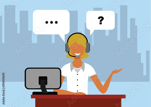 Illustration of virtual assistant on duty talking to customer in the office desk