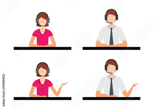 Vector illustration of male and female customer service with headphone