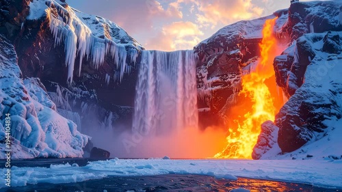 A waterfall flows with fire, ice, and snow on opposing cliffs at sunset
