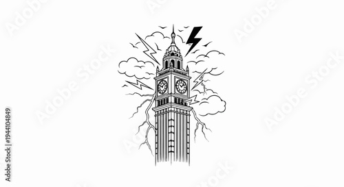 A tall, classical clock tower stands amidst stormy clouds and lightning strikes