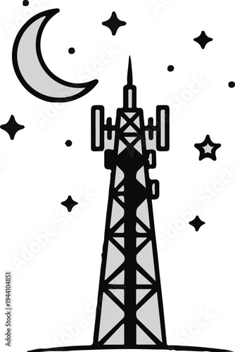 A tall communication tower stands beneath a crescent moon and stars