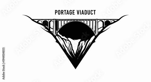 A bold black and white graphic depicts a viaduct above a rocky chasm
