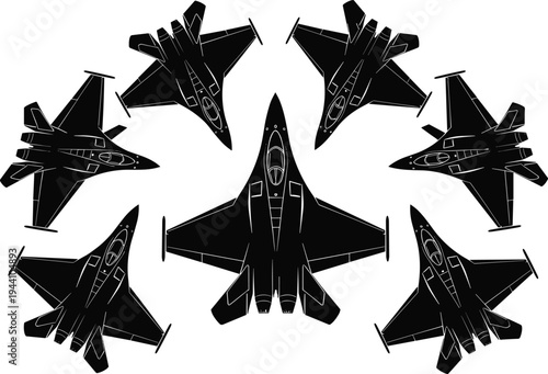 Black silhouette vector illustration of fighter jet planes flying in formation for military defense, air force, and aviation technology concepts.