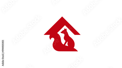 Stylized red graphic of a squirrel and a fox under a house roof, symbolizing shelter, wildlife, and nature.