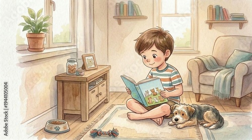 Young boy reading a book while sitting on the floor with dog  